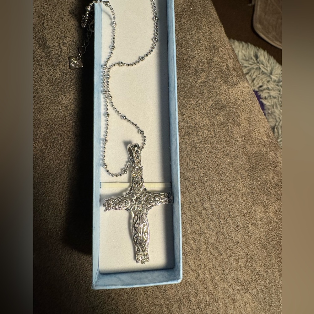 Cookie Lee Silver-Tone Filigree Cross Necklace with Clear Crystals - Picture 7 of 9